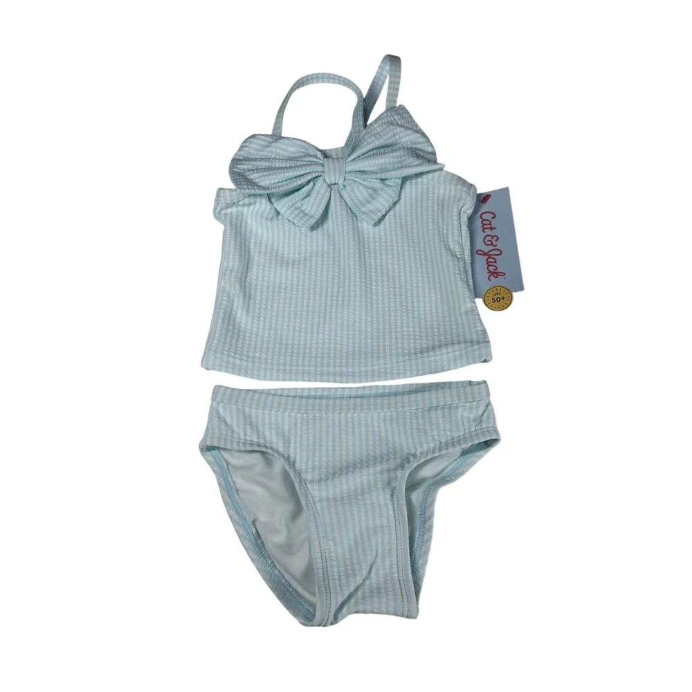 Cat & Jack Toddler Girls 2-Piece Tankini Swim Set 12M UPF‎ 50+ Turquoise & White